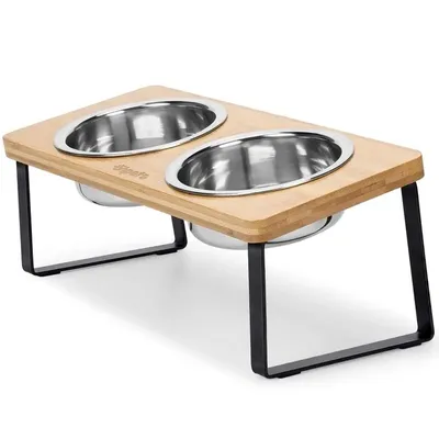 Produktbild von Ohpets® Erhöhter Futter- und Trinknapf für Hunde mit Ständer aus Bambus – Doppelnapf aus Holz – 2 Edelstahlnäpfe – Geeignet für große und kleine Hunde und Katzen