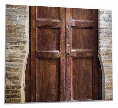 Produktbild von Wallario Herdabdeckplatte aus Glas, Größe 60 x 52 cm 1-teilig, Motiv Holztür braun