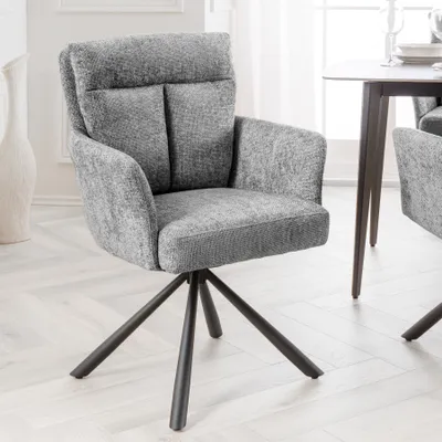 Produktbild von riess-ambiente Drehbarer Stuhl BIG GEORGE grau Strukturstoff mit Armlehne Metall schwarz Esszimmerstuhl Drehstuhl Essstuhl