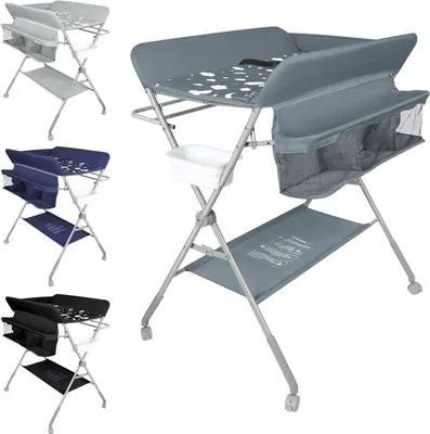 Image de Table à langer pour bébé - Commode mobile - Pour l'hygiène du bébé - Pliable et mobile - Hauteur réglable - Gris