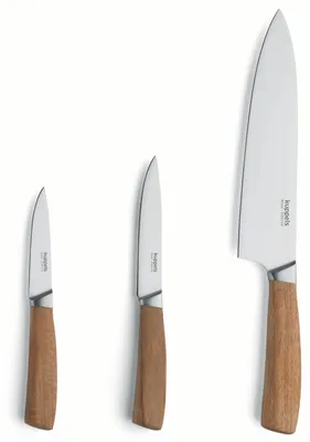 3-teiliges Messerset mit Akazienholzgriffen, Koch-, Universal- und Gemüsemesser