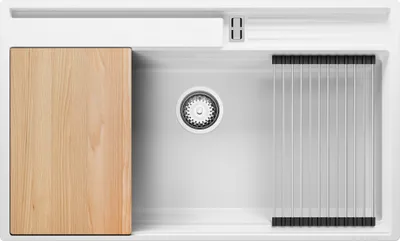 Produktbild von PRIMAGRAN Spülbecken Weiß 88x53cm, Granitspüle 1 Becken + Ablauf-Set + Küchenzubehörset, Küchenspüle ab 90er Unterschrank - Oslo Pocket