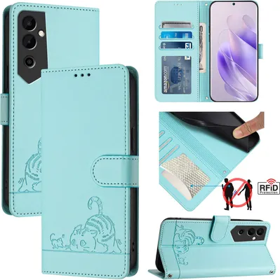 Produktbild von Leder Hülle für Tecno Pova Neo 2 Süße Katze Flip Case Brieftasche Schutzhülle mit Standfunktion hellgrün