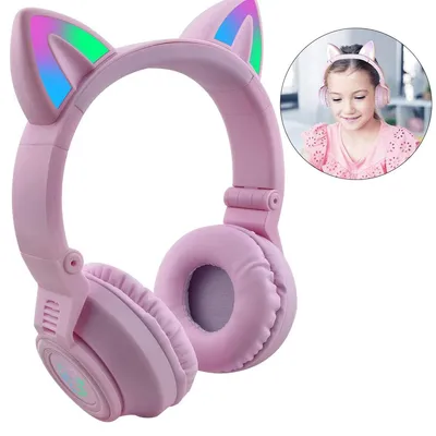 A pink cat-ear headset with RGB LED lights is shown, with a smaller inset image of a young girl wearing a similar headset.