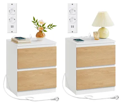 Produktbild von VASAGLE Nachttisch mit Steckdosenleiste, 2er Set, 2 Schubladen – Mandelgelb