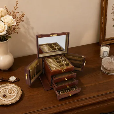 Produktbild von Schmuckschatull Schmuckkasten Schmuckkoffer e 4 Schicht Schmuck Aufbewahrungskoffer mit Spiegel Geschenkbox Organizer für Schmuck