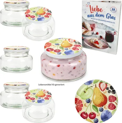 Zdjęcie produktu dla Zestaw 6 szklanych słoików na jogurt 435 ml Słoik do wekowania Komiksowe owoce Pokrywka Dżem
