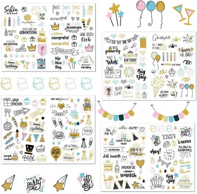 Immagine prodotto di Set di biglietti di auguri e adesivi per il compleanno, composto da 8 fogli autoadesivi, con motivi colorati, ideali per bambini