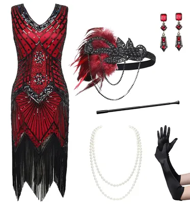 Productafbeelding van BABEYOND Set dames flapper jurk, jaren '20, V-hals, Great Gatsby jurk met bijpassende accessoires
