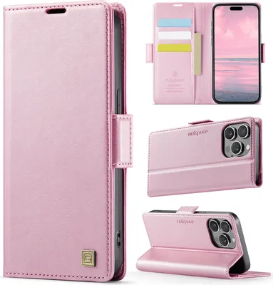 Produktbild von Lederhülle für iPhone 13 Pro Max, RFID Schutz Handyhülle mit Magnetverschluss, Kartenfächern und Ständer Pink