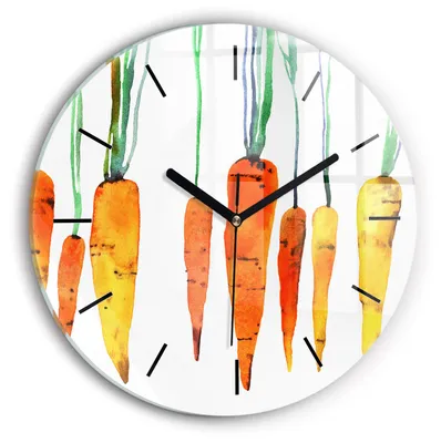 Produktbild von Wallfluent Wanduhr – Stilles Quarzuhrwerk - Uhr Dekoration Wohnzimmer Schlafzimmer Küche - Zifferblatt mit Striche - schwarze Zeiger - 30 cm - Illustration von Karotten