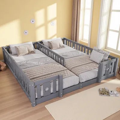 Image de Lit enfant UnboxG 90 x 200 cm avec barrière de sécurité, lit au sol en bois massif gris, lit enfant Montessori avec sommier à lattes – lit au sol pour chambre d'enfant