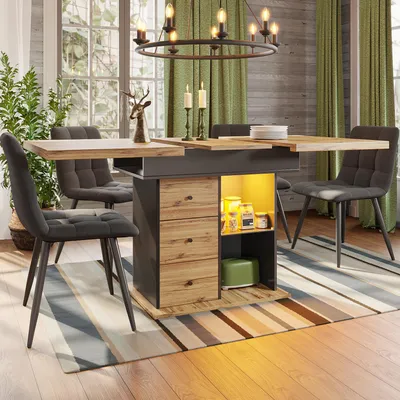 Image de okwish Table de cuisine pliante avec LED, extensible pour 4-6 personnes, tiroirs et étagère vin, meuble pour cuisine et salon – noir