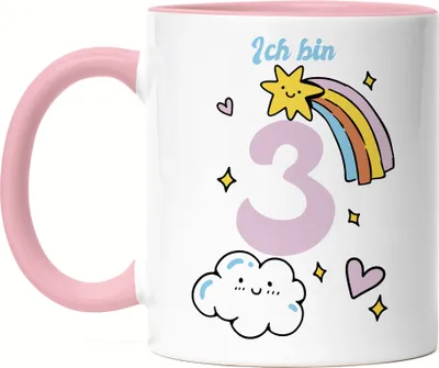 Produktbild von 3 Jahre alt Kindergeburtstag Tasse rosa süße Motive Kinder Milchkanne Happy Birthday Alles Liebe zum Geburtstag