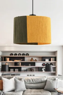 Produktbild von Opviq, Moderne Pendelleuchte mit Metallkörper, Jute-Kappe (30 x 30 cm, Höhe: 20 cm), Gesamt-Höhe: 65 cm, , verstellbares Kabel, E27, grün-gelb, skandinavisches Design.