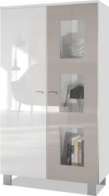 Produktbild von Vladon Vitrine Denjo,  Germany, Standvitrine mit 2 Türen und 3 Glaseinsätzen, Weiß matt/ Weiß Hochglanz/ Sandgrau Hochglanz (71 x 129 x 35 cm)
