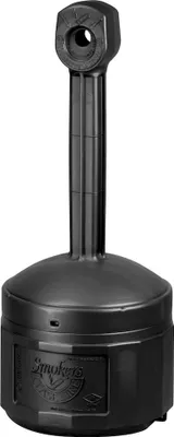 A black, upright stand-alone ashtray with a ribbed pole and a wide base.