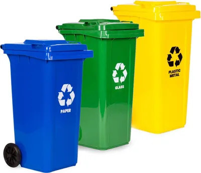 Zdjęcie produktu dla Zestaw pojemników na śmieci, 3 x 120 l, HDPE, niebiesko-zielono-żółty