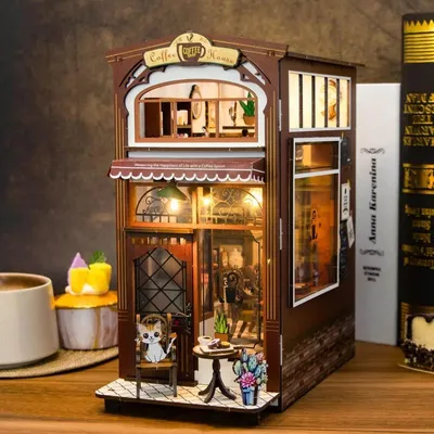 Image de Maison miniature Book Nook - Petit-Déjeuner en Ville - Puzzle 3D - Maison miniature avec LED - Boîte à musique - Protection anti-poussière