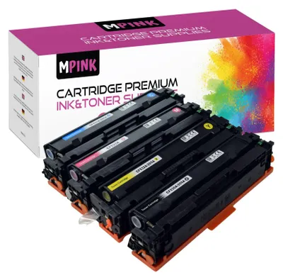 Four toner cartridges are arranged diagonally in front of a product box.