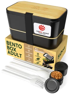 Produktbild von Umami Brotdose Bento-Lunchbox mit Holzdeckel, Fächern, Besteck und 2 Saucentöpfen