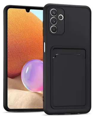 A black phone case with a card slot is shown on a phone.