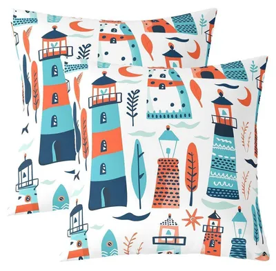 Productafbeelding van Kussensloopjes voor kinderen, afbeelding van een vuurtoren, natuurthema, 2 stuks, 55x55 cm, blauw, oranje, rood