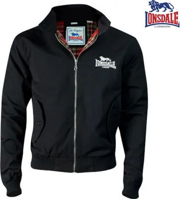 A black Lonsdale Harrington jacket is shown against a white background.