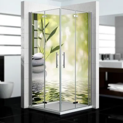 Produktbild von dedeco Eck-Duschrückwände Aluminium wasserfest Motiv: Zen V9, Nano-Protect hochglänzend, 2 x 90x200x0,3cm, Badrückwand, Fliesenersatz fugenlos Wandverkleidung Wandpaneele,  Germany