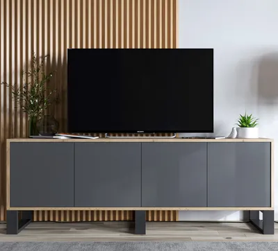 Produktbild von Loft TV-Schrank TV-Lowboard Apollo 2 Viertürig Drei Metallfüße Modern Lindner Möbel 150cm x 53cm x 35cm Farbe: Wotan Eiche matt - graphit matt
