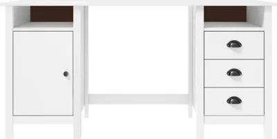 A white desk with drawers and a cabinet.