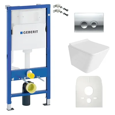 Produktbild von DOMINO Geberit Duofix Basic Vorwandelement + Wand-WC Tiefspül Lago Becken Weiß Spülrandlos + Bedienplatte Delta 25 für Doppelspülung | Kompletter Satz