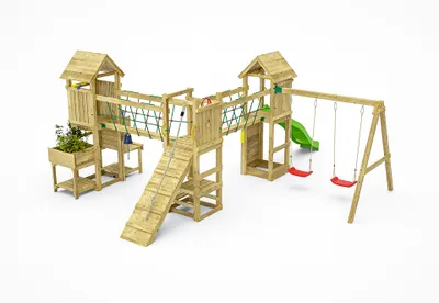 Produktbild von Spielturm mit Rutsche, Schaukeln, Kletterwand und Seilbrücke Fungoo Maxu Funny Optimizer KDI