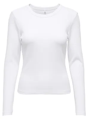 Produktbild von ONLY Damen Ripp-Langarmshirt - ONLVAL O-NECKT SWEAT, Rundhals, Regular Fit, Baumwoll-Stretch, einfarbig Weiß XL
