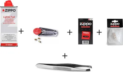 Produktbild von Zippo Feuerzeug Zubehör (ReLife) Set #1 | 1x Benzin | 1x Feuersteine | 1x Docht | 1x Watte | 1x Pinzette