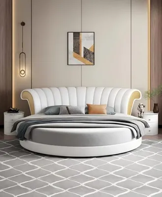 Image de Exklusives Rundbett Weiß Beige Polster Leder Design Modernes Schlafzimmer