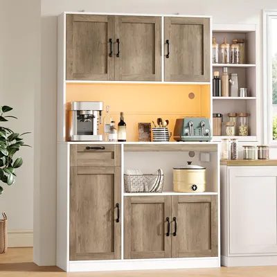 Produktbild von Küchenschrank 110 x 40 x 180 cm mit LED-Beleuchtung und App-Steuerung, Steckdosen, 2 USB, 6 Türen, 1 Schublade, Weiß/Natur