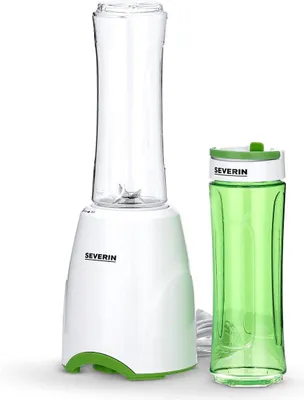 A white and green Severin smoothie maker with a clear blending cup and a green travel cup, displayed on a white background.