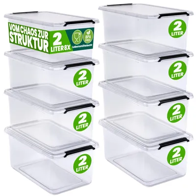 Produktbild von DEUBA® 8x Aufbewahrungsbox mit Deckel 2L Box Kunststoff Kisten lebensmittelecht BPA frei klein Klickverschluss transparent stapelbar Küche Schlafzimmer