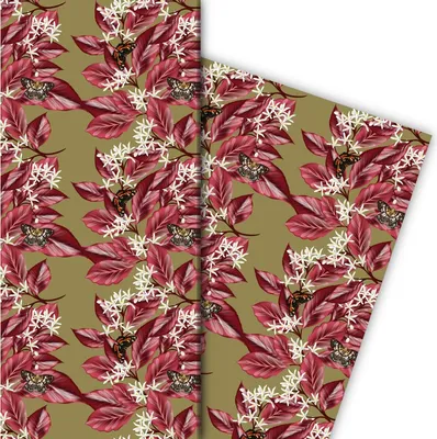 Produktbild von Elegantes Geschenkpapier mit Pflanzen Streifen und Schetterlingen, beige - G8244, 32 x 48cm