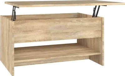 A wooden coffee table with a lift-top mechanism and a lower shelf, shown against a white background.