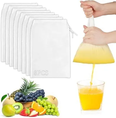 Produktbild von Nussdrinkbeutel, 8 Stück Passiertuch Wiederverwendbar, Käsetuch, 20 × 30 cm Feingewebt Passiertuch Nylon Filterbeutel Nussdrinkbeutel Waschbar mit Kordelzug für Nussdrink Kaffee Joghurt