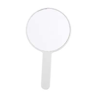 A white hand mirror is shown against a white background.