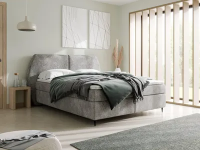 Image de Lit Boxspring 180x200 MADRYT Bouclé Gris Foncé avec surmatelas, 2 matelas & 2 coffres | Lit rembourré complet avec rangement