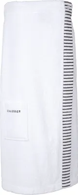 A white terry cloth sauna kilt with a navy and white striped trim and a small pocket with a logo.