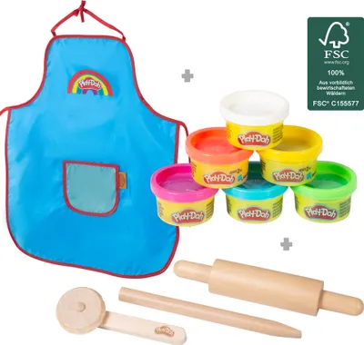 Produktbild von roba x Play-Doh Kompaktes Spielset -Holzwerkzeuge, 6 Knetdosen & Schürze - Nachhaltiges, spielfertiges Geschenk für Kinder ab 3 Jahren