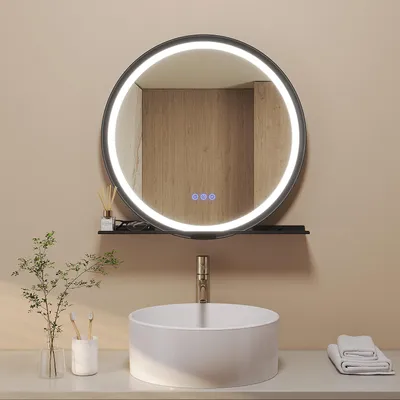 Produktbild von Rund Badspiegel mit Beleuchtung, 60 cm LED-Badzimmerspiegel mit 3 Lichtfarben, dimmbar – Beschlagfreier Lichtspiegel und Wandspiegel mit Ablage