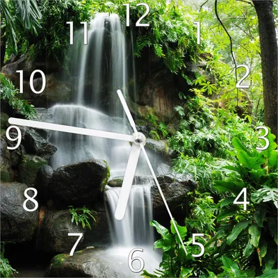 Produktbild von Wallario Design Wanduhr Sturzbach im Grünen aus Echtglas, Größe 20 x 20 cm