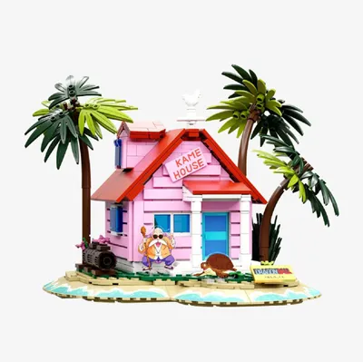A model of Kame House from Dragon Ball, complete with palm trees, a turtle, and Master Roshi.