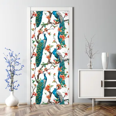 Produktbild von Dekorative Türposter selbstklebend Klebefolie Wandaufkleber Türaufkleber Pfauen und Blumen 85 x 200 cm
